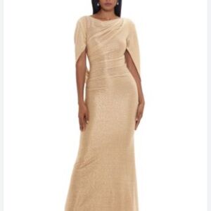 Betsy & Adam One Shoulder Gold  Metallic Cape Dress